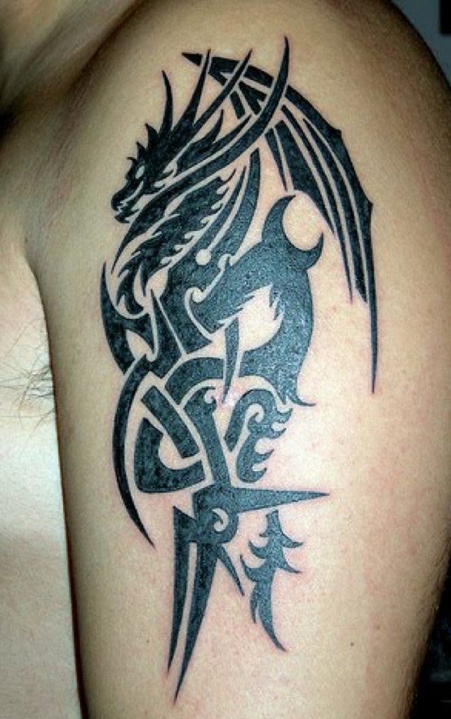 Black Tribal Dragon Western Tattoo On Left Half Sleeve