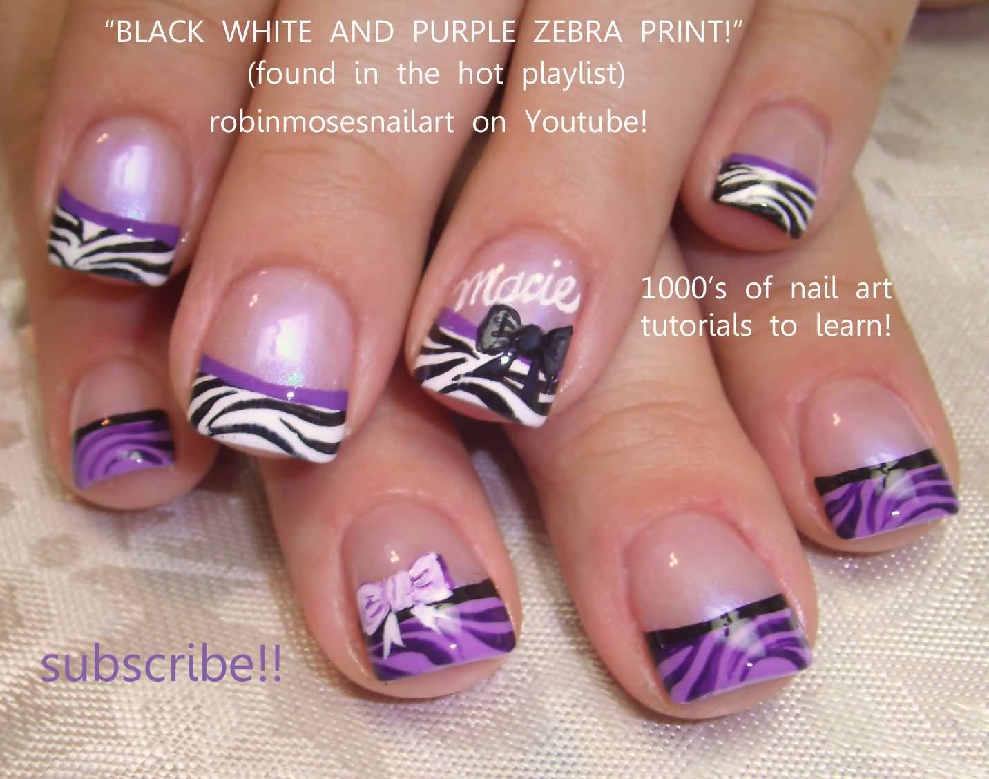 Black White And Purple Zebra Print Short Nail Art