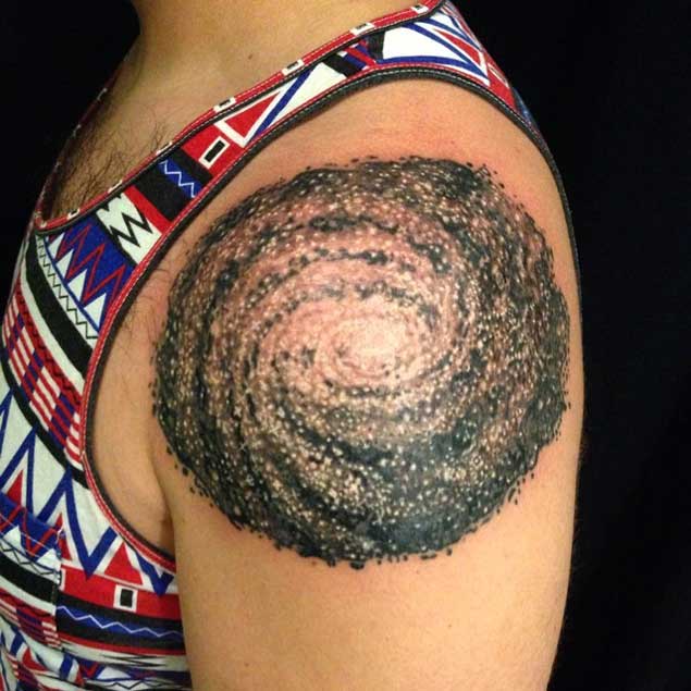 Black White Spiral Galaxy Tattoo On Left Shoulder For Men
