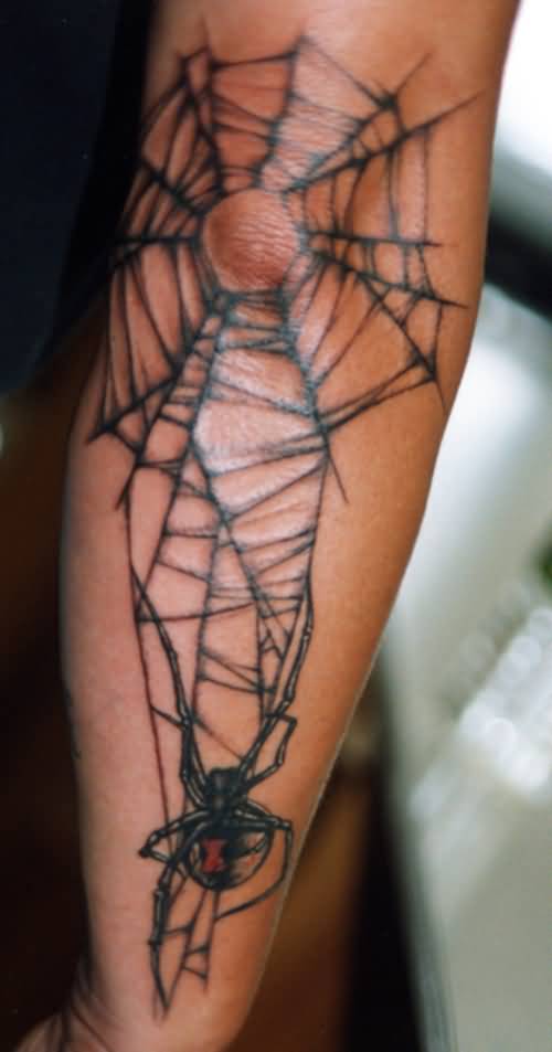 Black Widow Knitting Web Tattoo On Arm Sleeve