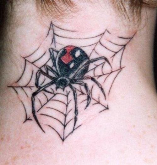 Black Widow Spider And Web Tattoo On Nape