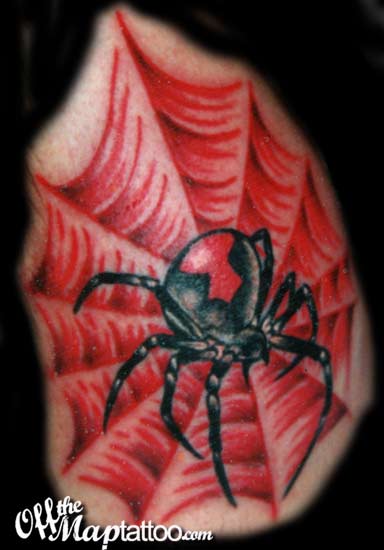 Black Widow With Red Web Tattoo