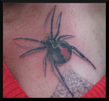 Black Widow With Web Tattoo On Chest