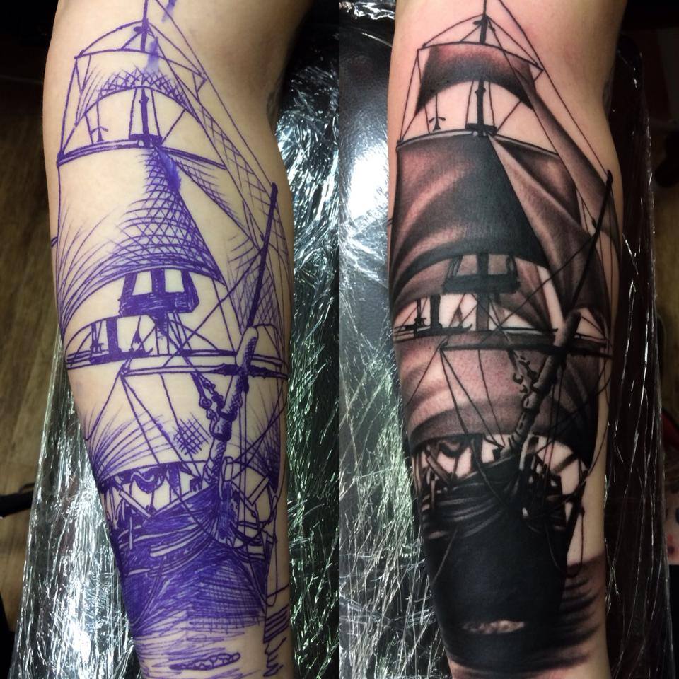 Black and grey sailor ship tattoo on arm by Levi Barnett