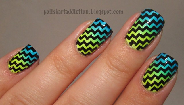 Blue And Neon Yellow Zigzag Gradient Nail Art