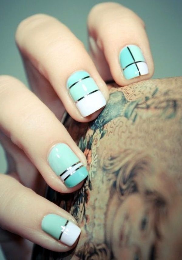 Blue And White With Striping Tape Design Short Nail Art