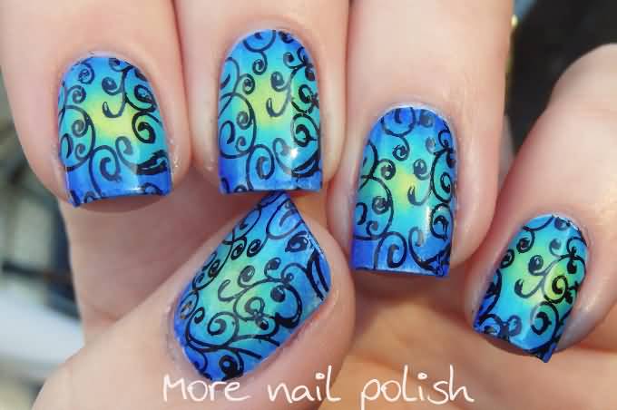 Blue And Yellow Gradient Nail Art With Swirls Design
