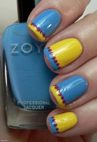 Blue And Yellow Tip With Red Dots Design Nail Art
