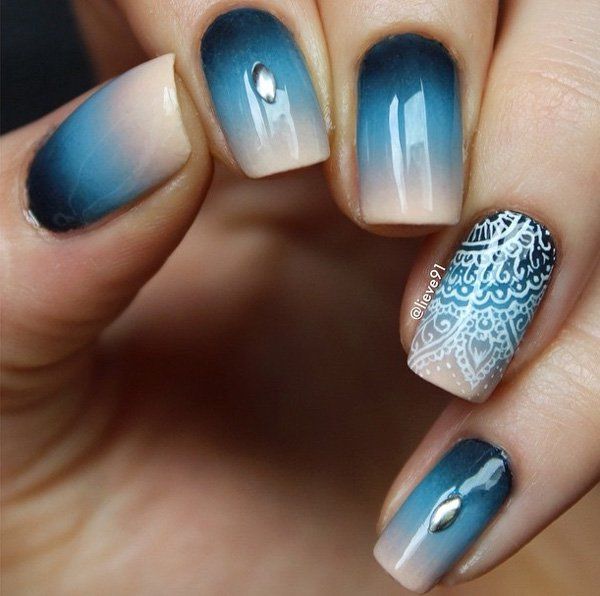 Blue Gradient Nail Art And Accent White Lace Design Idea