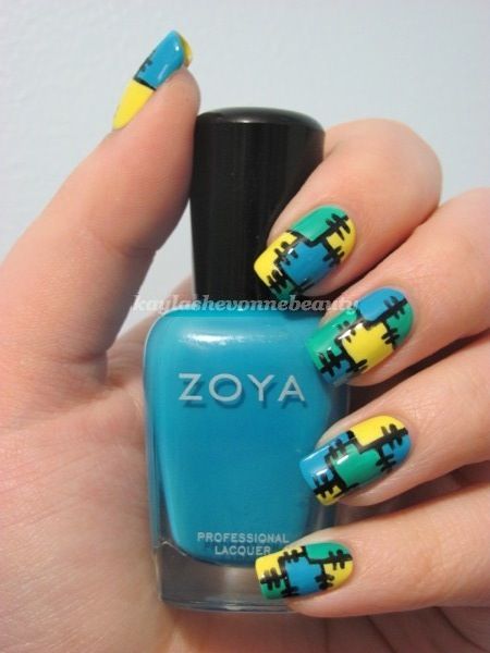 Blue Green And Yellow Patches Design Nail Art