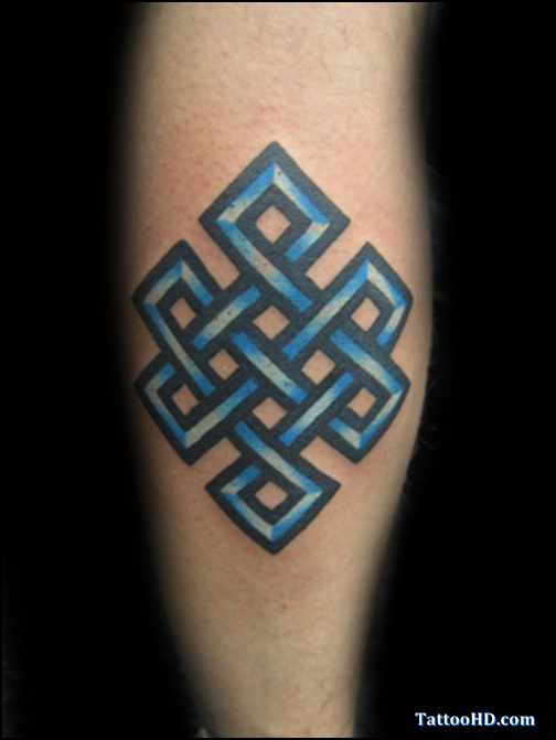 Blue Ink Endless Knot Tattoo On Leg