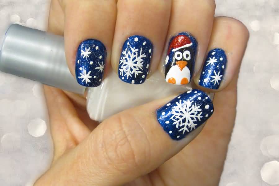Blue Nails And White Snowflakes Design Christmas Nail Art