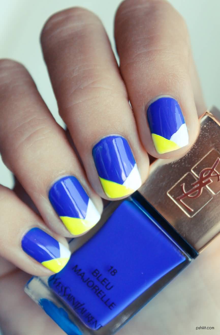 Blue Nails With Neon Yellow And White Chevron Design Tip Nail Art