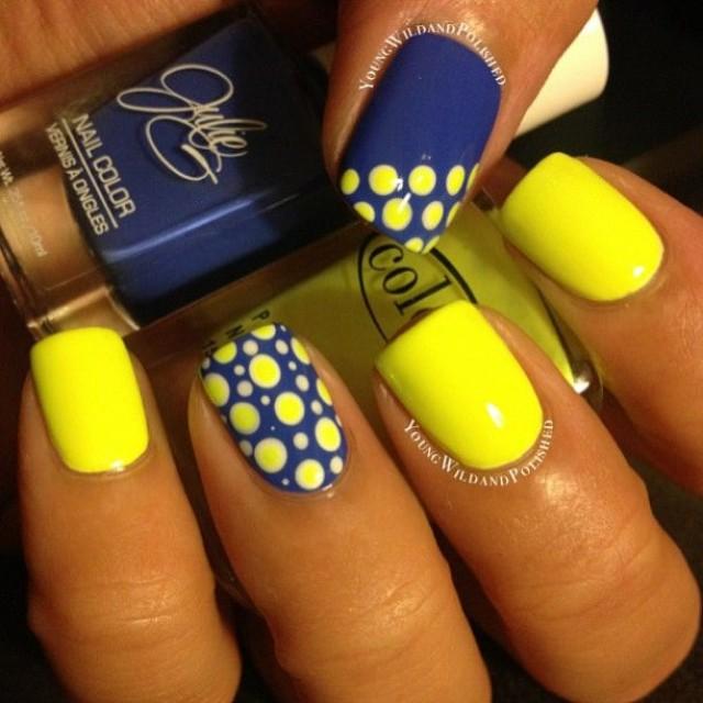 Blue Nails With Neon Yellow Polka Dots Nail Art