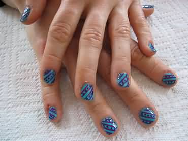 Blue Nails With Purple Stripes Short Nail Art