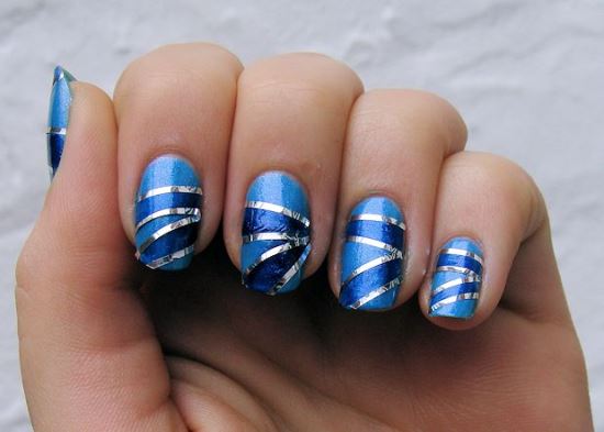 Blue Nails With Silver Striping Tape Nail Art Design