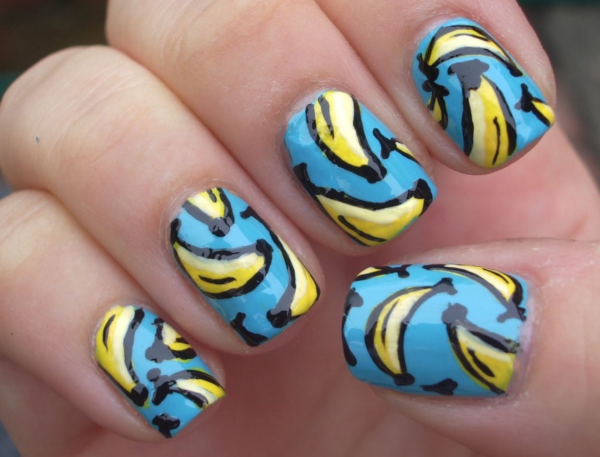 Blue Nails With Yellow Banana Design Nail Art