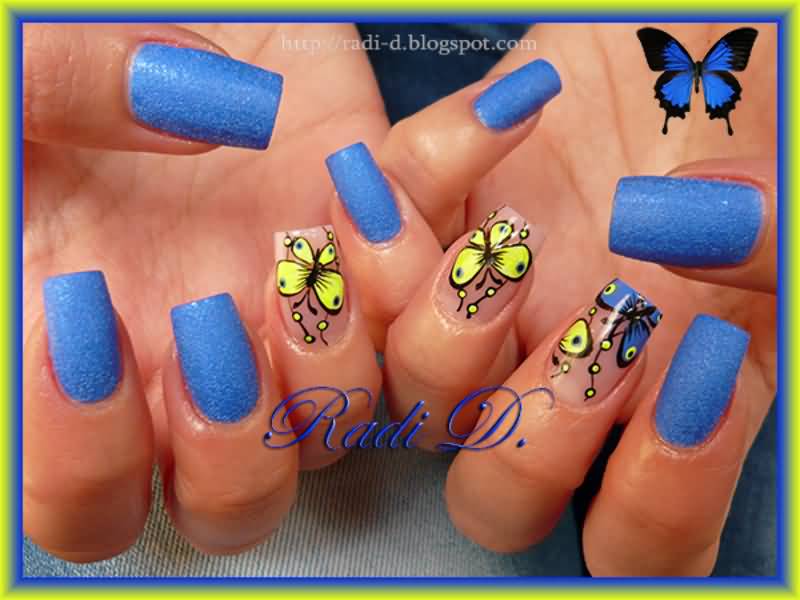 Blue Nails With Yellow Butterfly Design Nail Art