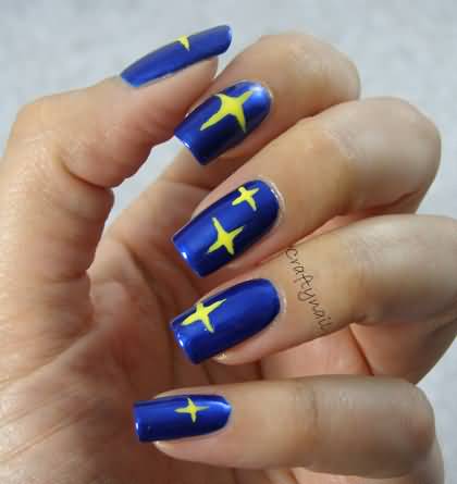 Blue Nails With Yellow Stars Design Nail Art