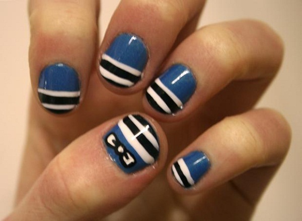 Blue Short Nails With Black And White Duo Stripes And Bow Design Nail Art