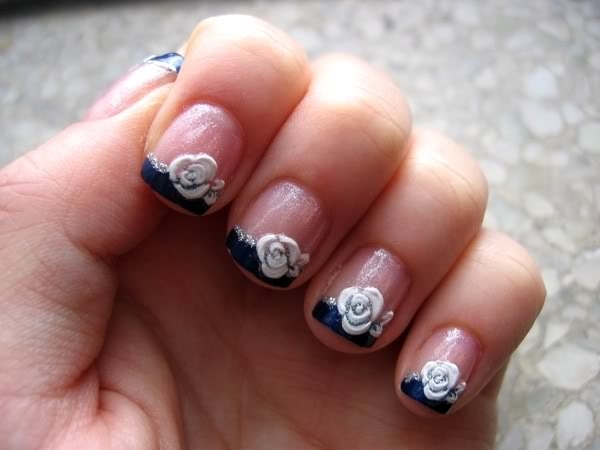 Blue Tip And White 3D Rose Flowers Nail Art For Short Nails
