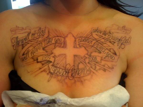 Body Cross RIP Remembrance Tattoo On Chest