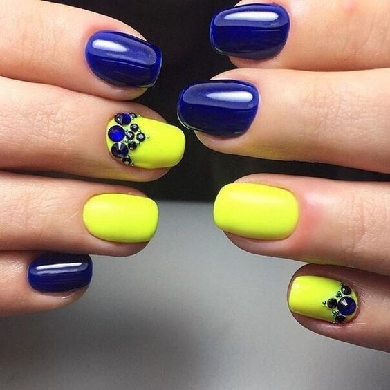 Bright Yellow And Blue Stoned Nail Art Design