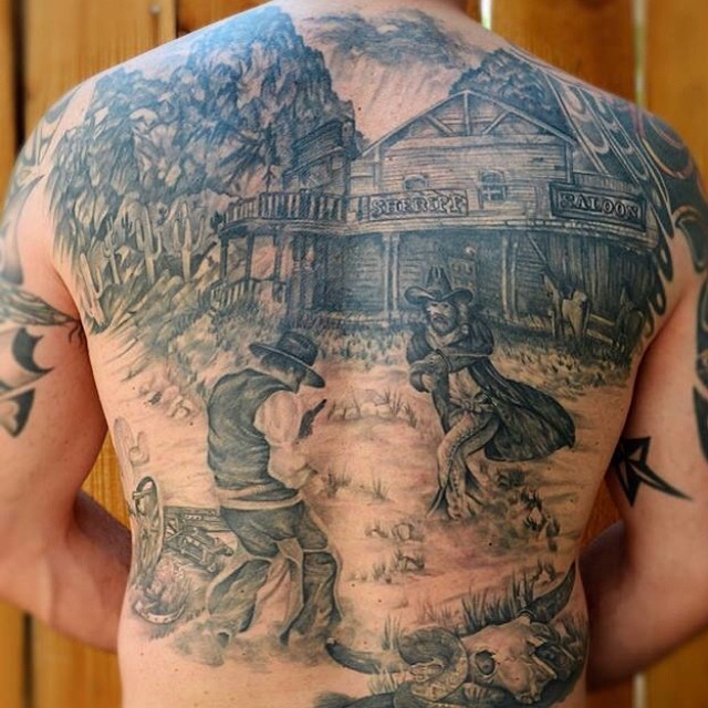 Brilliant Cowboy Scene Western Tattoo On Full Back