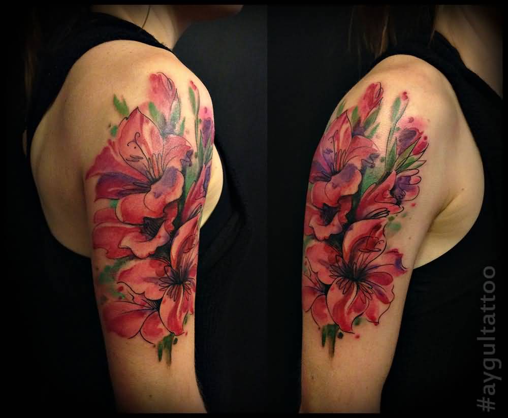 Brilliant Gladiolus Flowers Tattoo On Right Shoulder