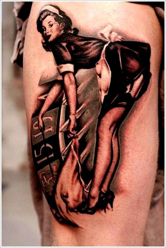 Brilliant Maid Pin Up Girl Tattoo On Thigh