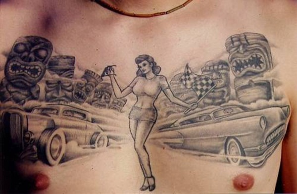 Car Race Pin Up Girl Tattoo On Chest For Men