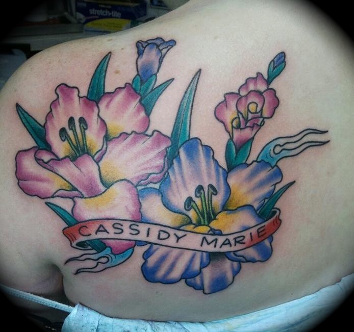 Cassidy Marie Gladiolus Flowers Tattoo On Upper Back For Girls