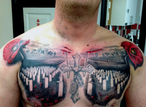 Cemetery Graves Military Red Poppy Remembrance Tattoo On Chest