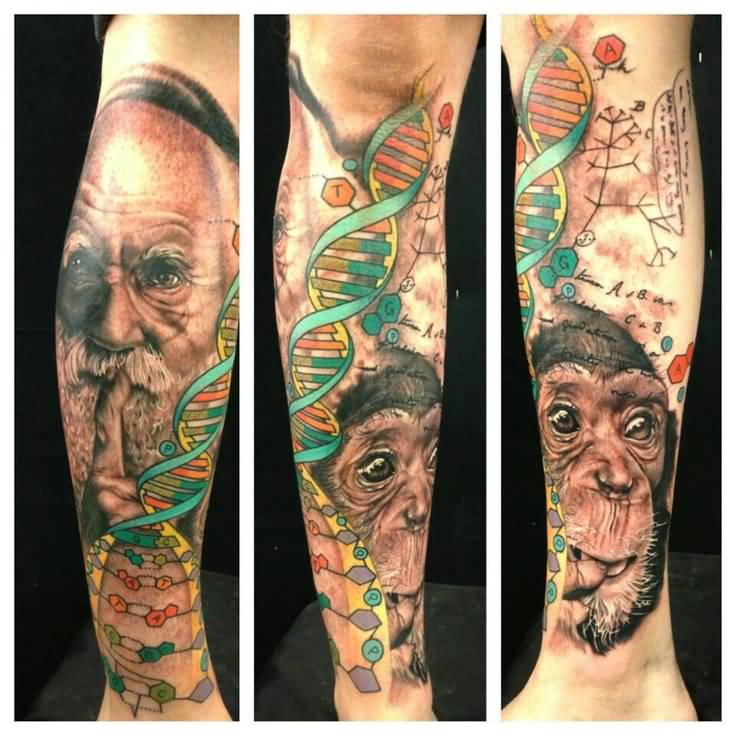 Charles Darwin DNA And Monkey Science Tattoo On Arm Sleeve By Josh Payne