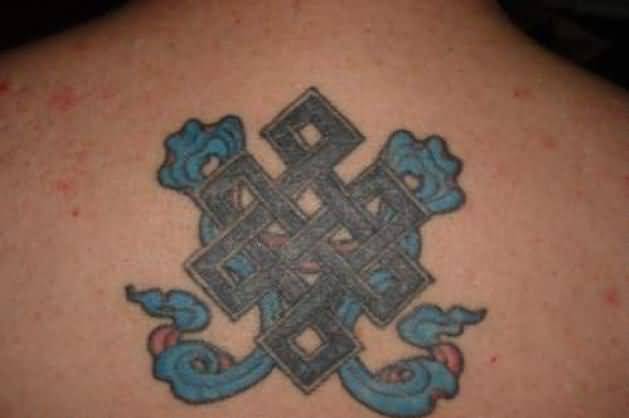 Chinese Endless Knot Tattoo On Upper Back