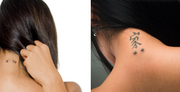 Chinese Symbol Tattoo And Surface Neck Piercing