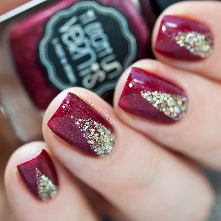 Classy Red Nails With Gold Glitter Chevron Design Nail Art