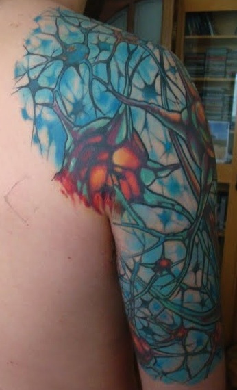 Colored Biology Neuron Science Tattoo On Right Half Sleeve