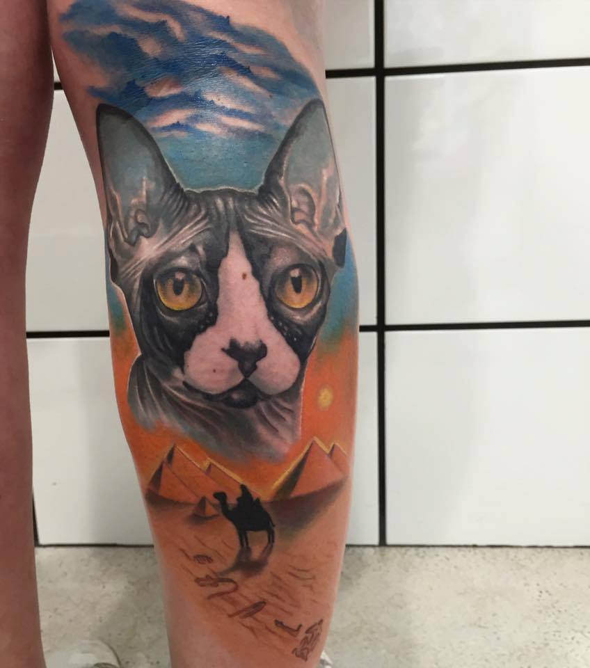 Colored Cat Tattoo On Leg by Pxa Body Art