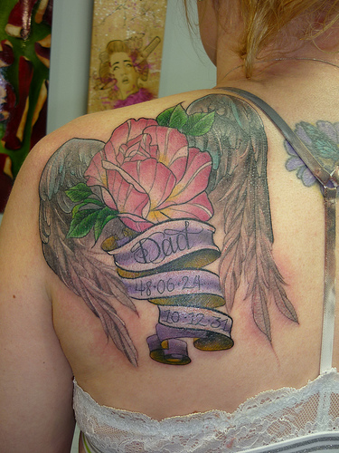Colorful Dad Remembrance Tattoo On Left Back Shoulder