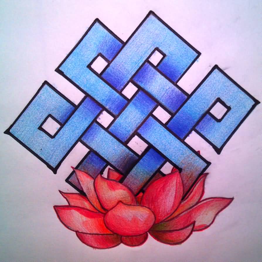 Colorful Endless Knot With Lotus Tattoo Design