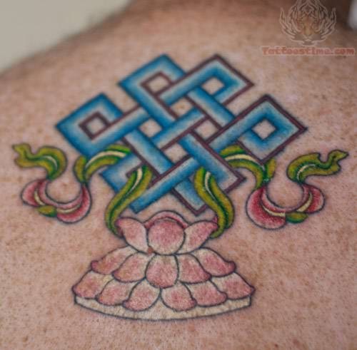 Colorful Endless Knot With Lotus Tattoo