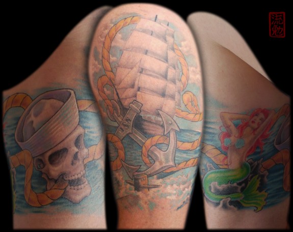 Colorful Navy Ship With Mermaid Tattoo On Thigh