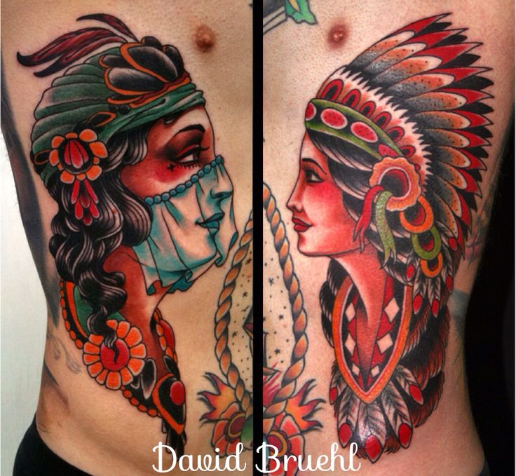 Colorful Traditional Western American Tattoo On Front Body By David Bruehl