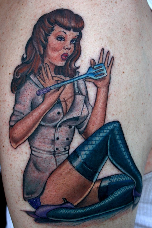 Cook Pin Up Girl Tattoo On Sleeve