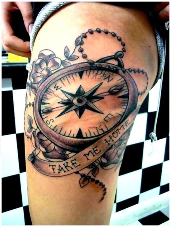 Cool And Realistic Navy Compass Tattoo On Thigh