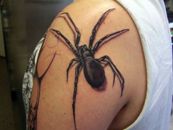 Cool Black Widow Spider Tattoo On Left Shoulder