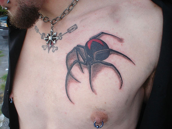 Cool Black Widow Tattoo On Man Chest