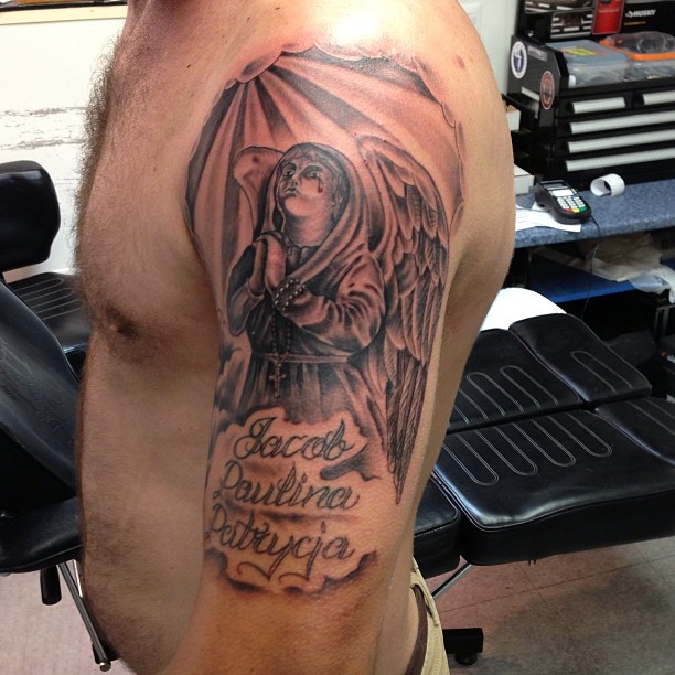 Cool Grey Ink Praying Angel Tattoo On Left Half Sleeve