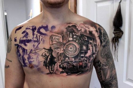 Cowboy And Steam Locomotive Western Tattoo On Chest